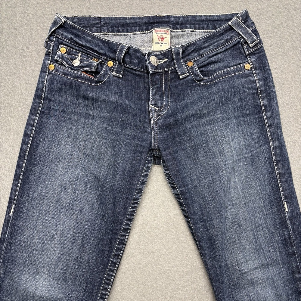 True Religion Jeans Womens 29 Blue Low Rise Dark Wash Rainbow Pockets Y2K USA - Picture 4 of 15